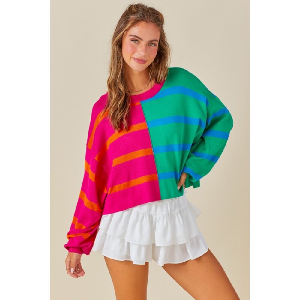 day + moon Sz. L Colorblock Cropped Striped Knit Sweater - Picture 3 of 15